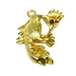 Vintage Goldtone Hanging Chicken 1" Charm Faux Ruby Red Eye Detailed Both Sides